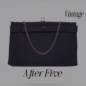 Vintage AFTER FIVE Black Sateen Frame Evening Bag Clutch Gold Circle Clasp Chain